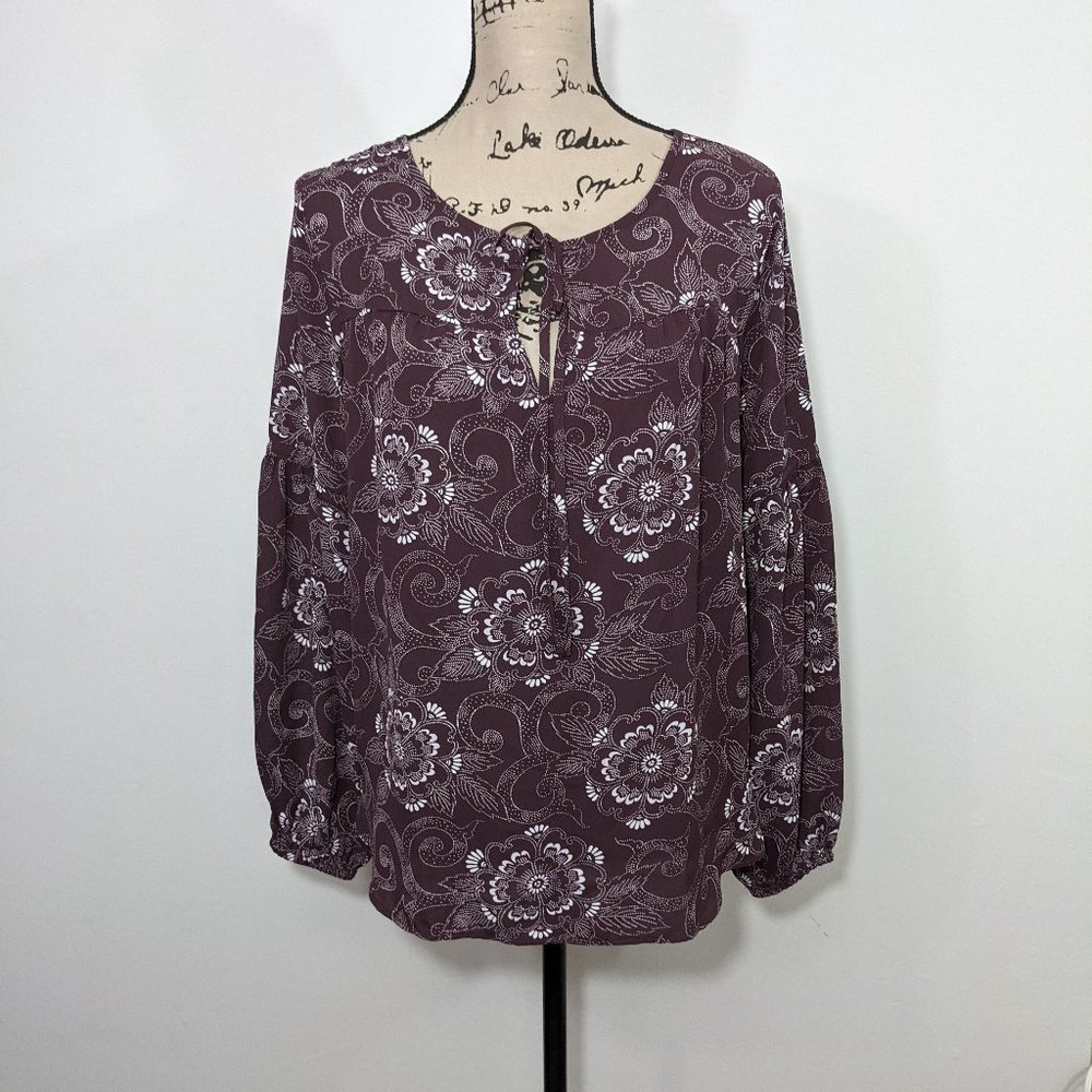 NWT LOFT Blouse Womens Maroon Peasant Floral Keyhole Tie Neckline Bishop Slv XS